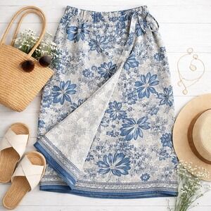 Talbots Linen Blend Wrap VTG Skirt Sz 22W Coastal Preppy Summer Blue Floral 90s